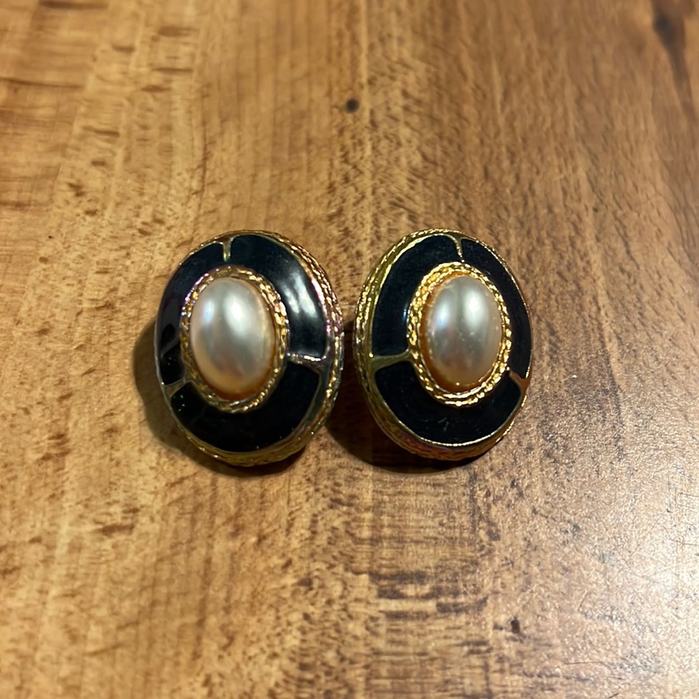 Antique pearl and onyx clip on earrings
